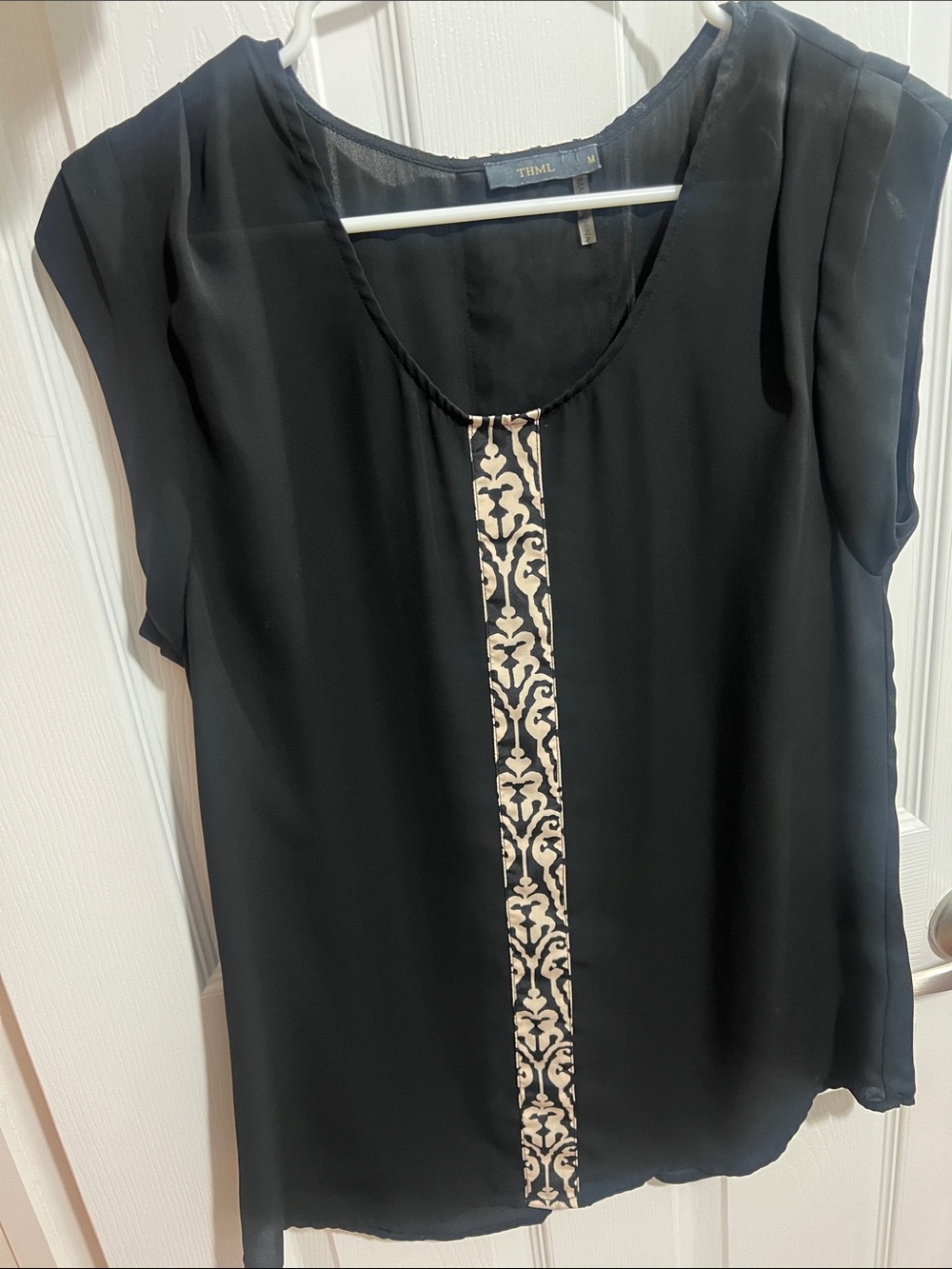 THML Black Sleeveless Blouse with Cream Damask Center Panel